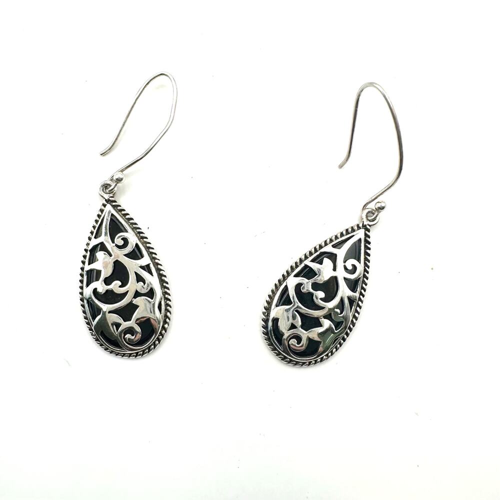 925 Sterling Silver Drop Dangle Earring Black Onyx Stone Filigree Boho Jewelry